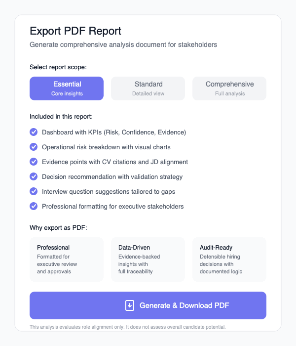 Professional PDF report preview with evidence citations and risk assessment